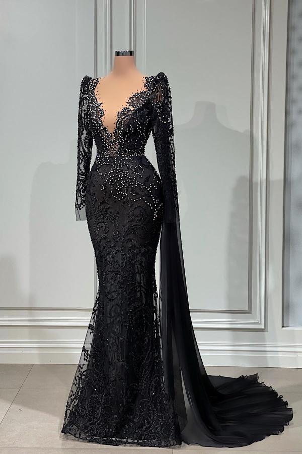 Elegant Evening Dresses with Sleeves | Black Lace Prom Dresses