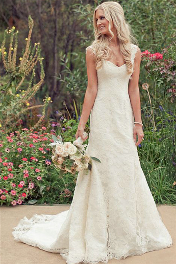 Full Lace Cap Sleeve Mermaid Wedding Dress with Court Train and Zipper