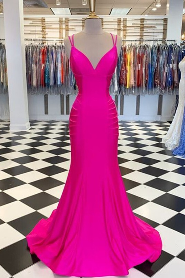 Fuchsia V-Neck Sleeveless Mermaid Long Prom Dress