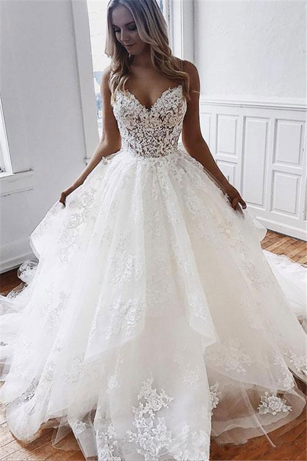 Glamorous Spaghetti Strap Lace Applique Tulle A-Line Wedding Dress
