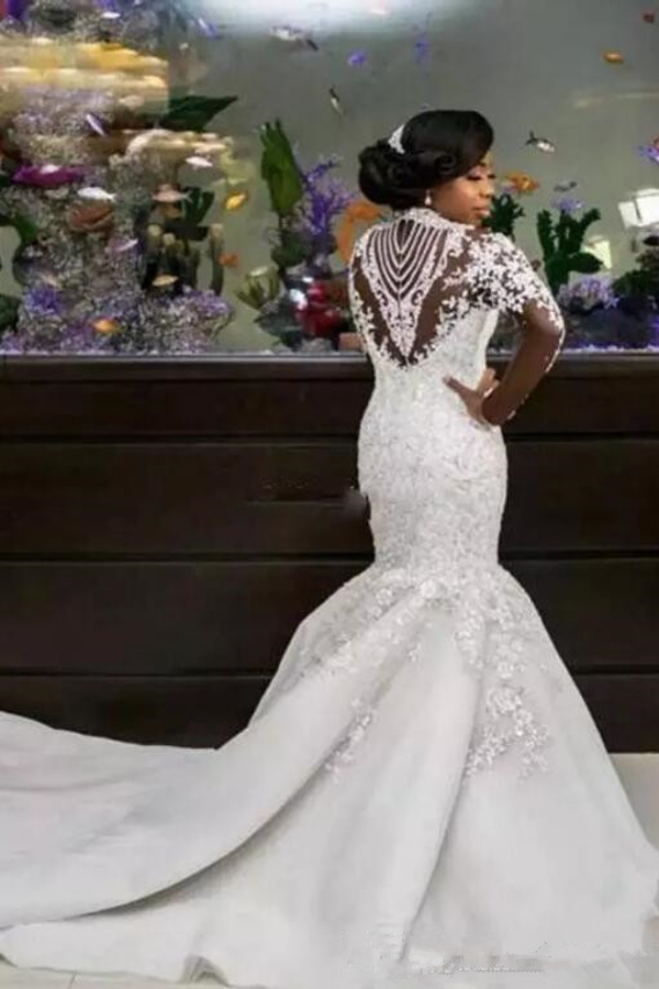 Gorgeous Beaded Lace Applique High Neck Mermaid Wedding Dress