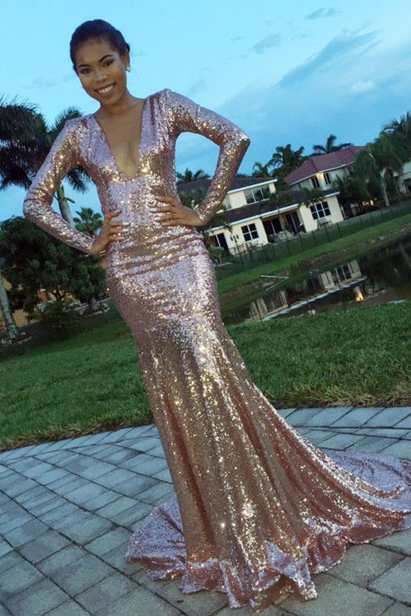 V-Neck Prom Gown | Long Sleeve Sequins Mermaid Evening Dress