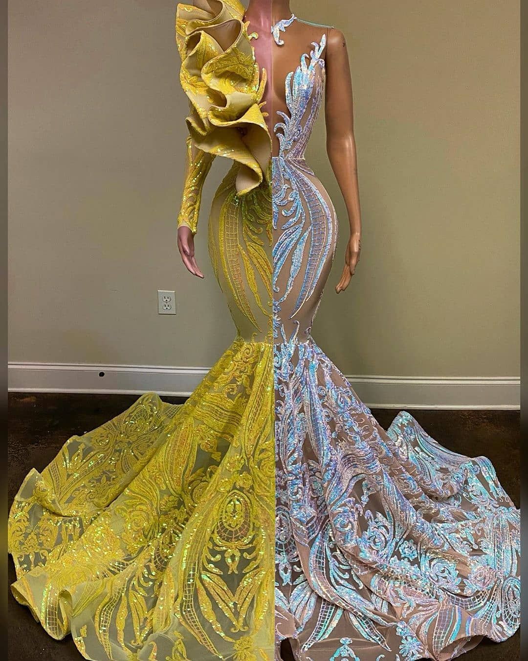Half Yellow Half White Sequin Flowers Prom Dress