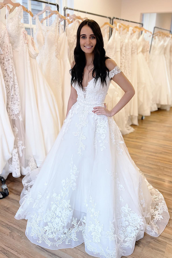 Elegant A-Line Off-Shoulder Sweetheart Tulle Applique Lace Wedding Dress