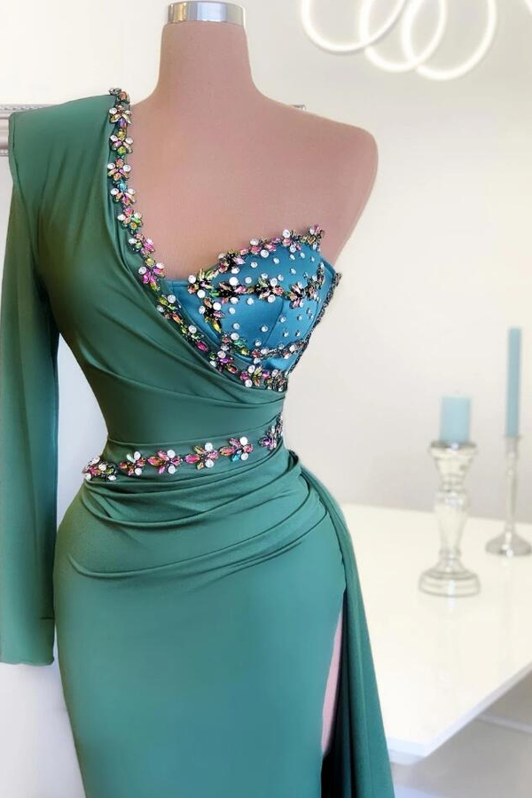Stylish One Shoulder Mermaid Evening Gown Green Party Dress