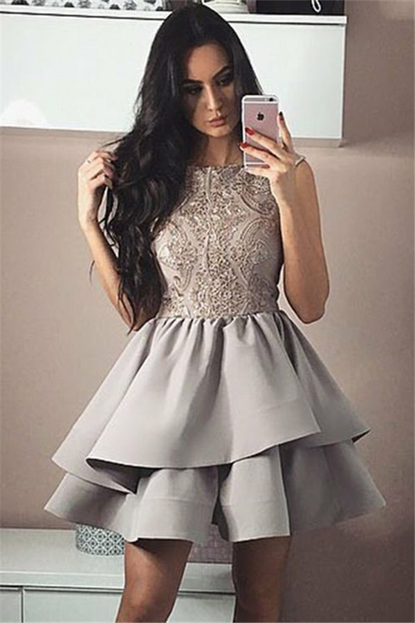 Silver Sleeveless A-Line Applique Homecoming Dress | Short Dress | Elegant