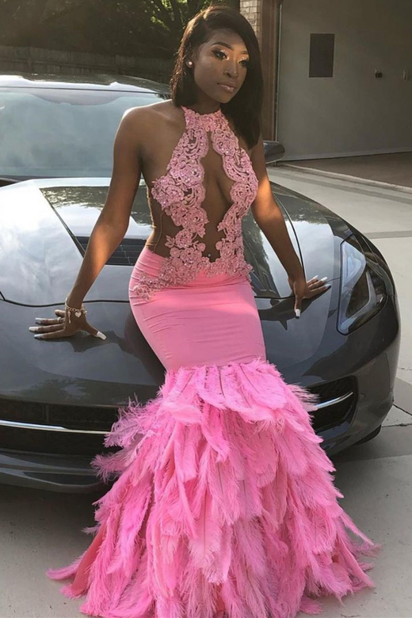 Pink Halter Mermaid Feather Prom Dress | Appliqués Evening Dress