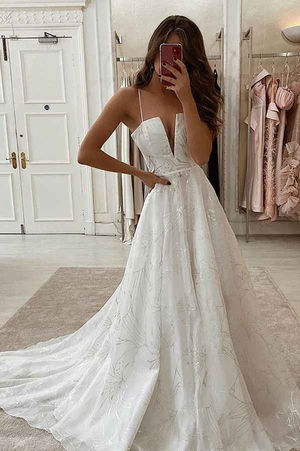 Sexy Spaghetti Strap V-Neck White Unique Design Wedding Dress