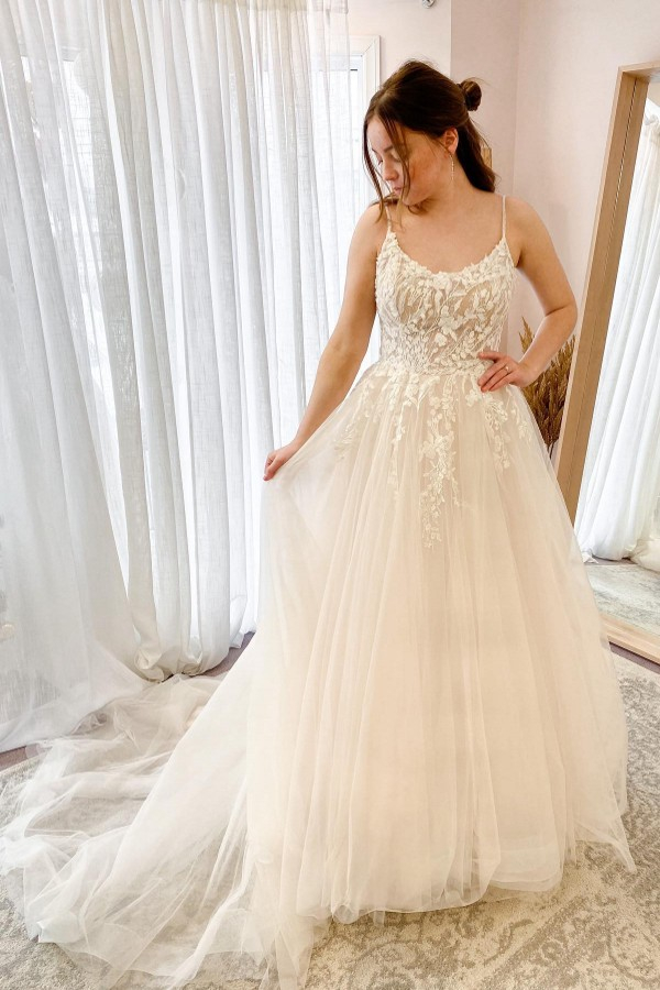 Spaghetti Strap Floral Lace A-Line Long Wedding Dress
