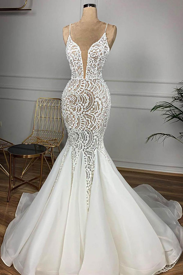 Luxury Spaghetti Strap Plunging V-Neck White Mermaid Wedding Dress