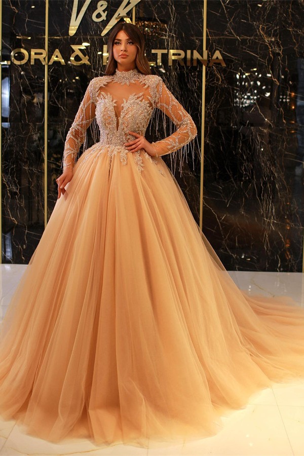 Princess Evening Dresses with Sleeves | Long Gold Prom Dresses
