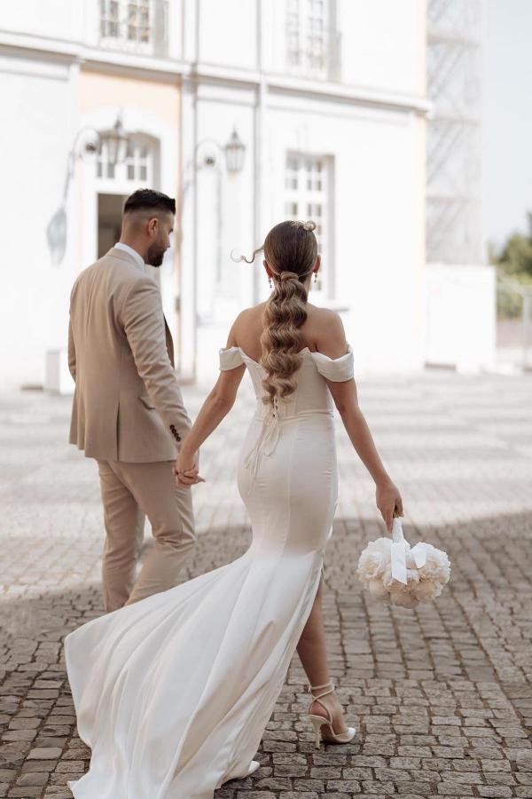 Off the shoulder white mermaid split Wedding Dress