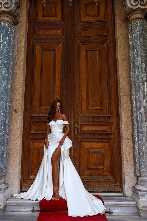 Off-Shoulder White Satin Wedding Dress with Side Slits