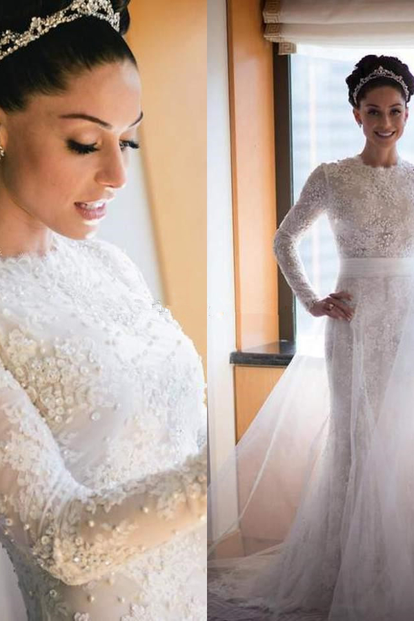 High Collar Long Sleeve Wedding Dress with Beading and Lace Sweep Train