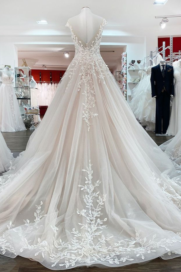 Vintage A-Line Wedding Dress with Lace Appliques, Jewel Tulle Ruffles, and Long Train