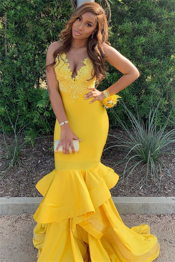 Yellow Halter V-Neck Lace Ruffle Elastic Satin Prom Dress | Sexy