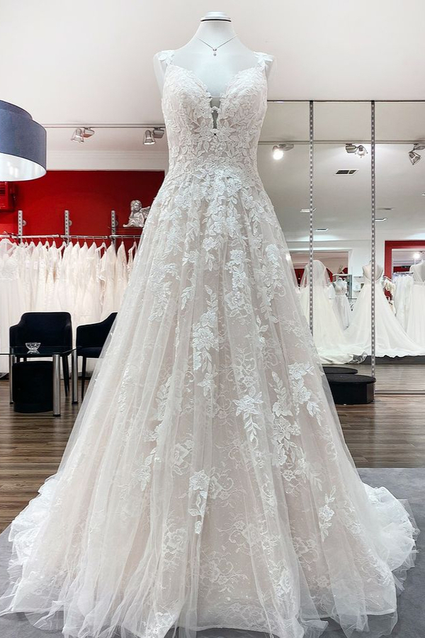 Romantic Deep V-Neck Tulle Floral Lace Sleeveless A-Line Wedding Dress