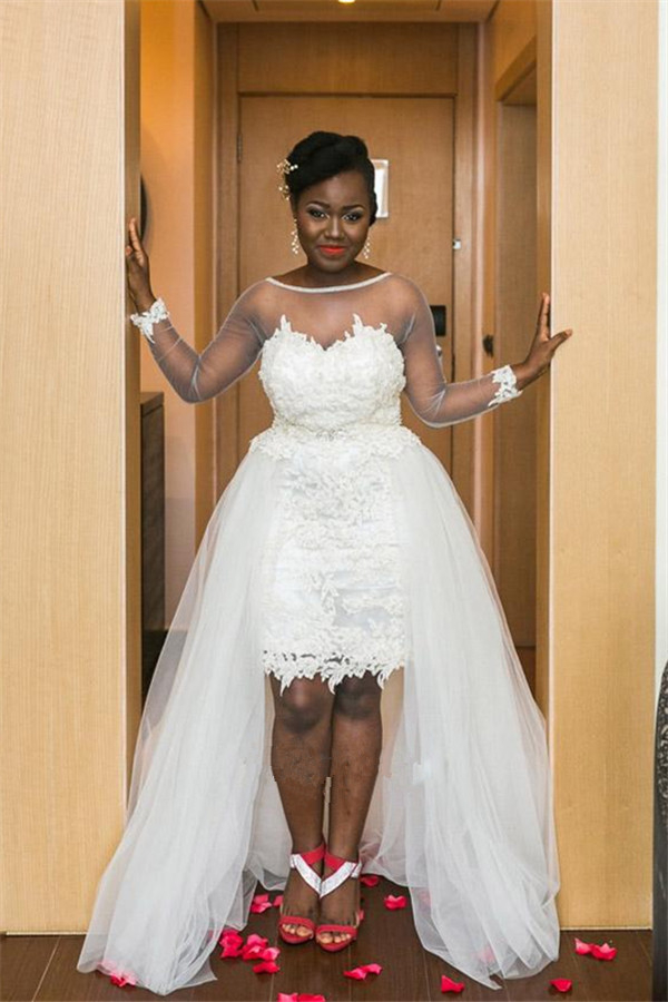 Long Sleeve Sheer Tulle Wedding Dress with Lace Open Back and Overskirt
