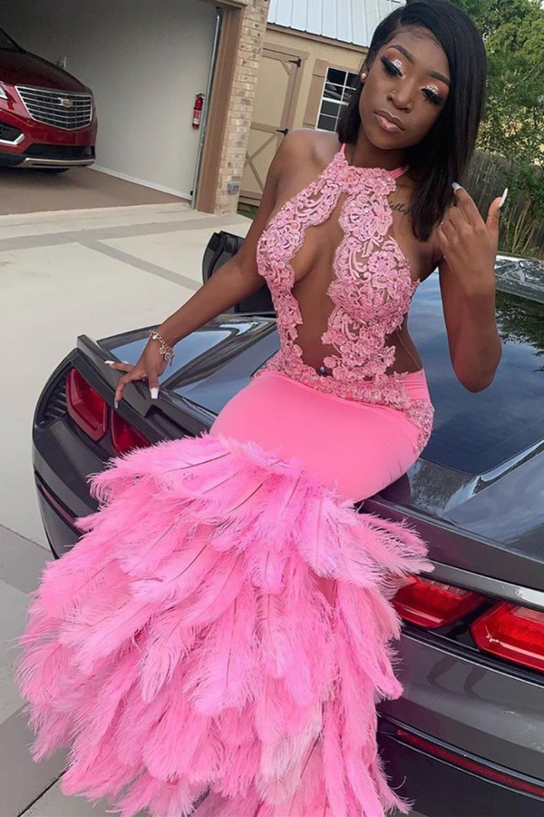 Pink Halter Mermaid Feather Prom Dress | Appliqués Evening Dress