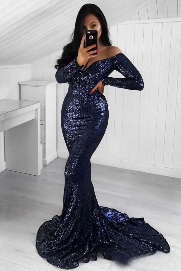 Black Mermaid Sequin Prom Dress | Off-Shoulder Long Sleeve Evening Gown