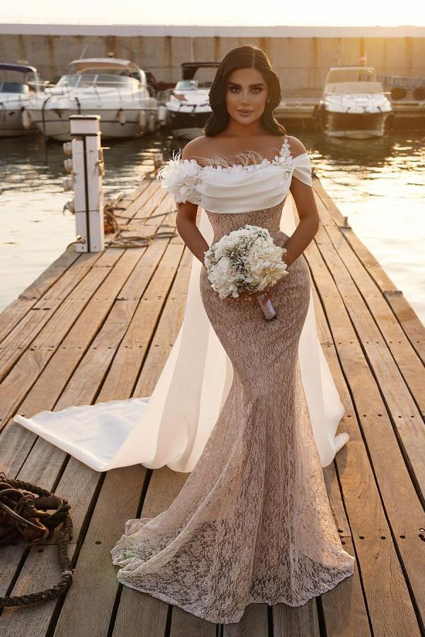 Stunning Off-Shoulder Mermaid Wedding Dress with Cape