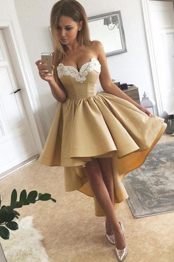 Sweetheart Lace Hi-Lo Homecoming Dress | Gold Sleeveless Short Party Dress with Appliqués