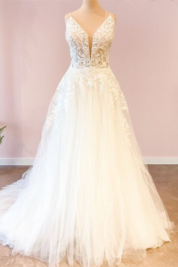 Spaghetti Strap Deep Double V-Neck Tulle Wedding Dress with Floral Lace Appliques