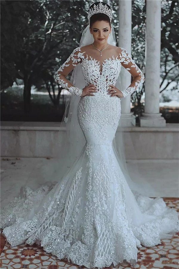 Luxury Beaded Lace Mermaid Wedding Dress with Sleeves and Sheer Tulle Appliques