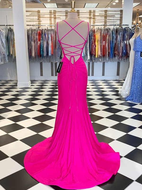 Fuchsia V-Neck Sleeveless Mermaid Long Prom Dress