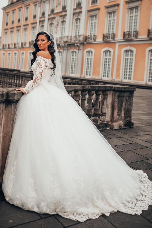 Gorgeous White Long Sleeve Lace Ball Gown with Floral Tulle