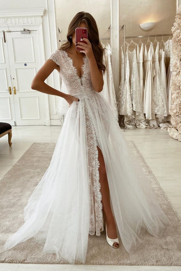 Unique Cap Sleeve White High Split A-Line Boho Wedding Dress
