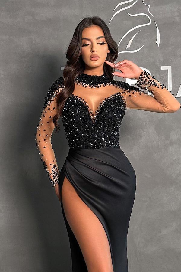Long Black Evening Dress | Cheap Prom Dress with Sleeves