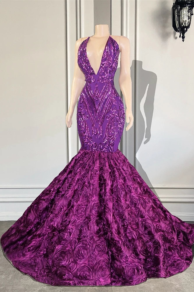 Purple V-Neck Mermaid Flowers Prom Dress