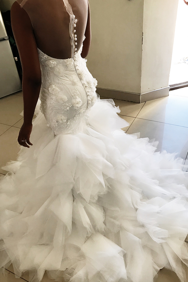 Mermaid Floral Appliques Ruffled Wedding Dress with Sheer Tulle