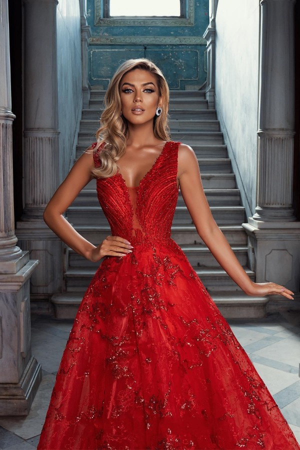Red V-Neck A-Line Prom Dress | One Shoulder