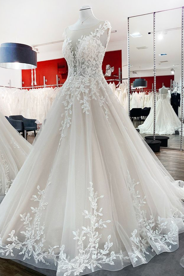 Vintage A-Line Wedding Dress with Lace Appliques, Jewel Tulle Ruffles, and Long Train