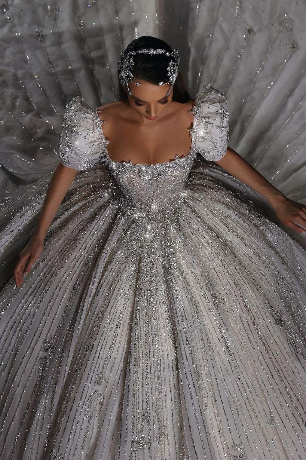 Gorgeous Ball Gown Square Neck Short Sleeves Sequined Wedding Dresses
