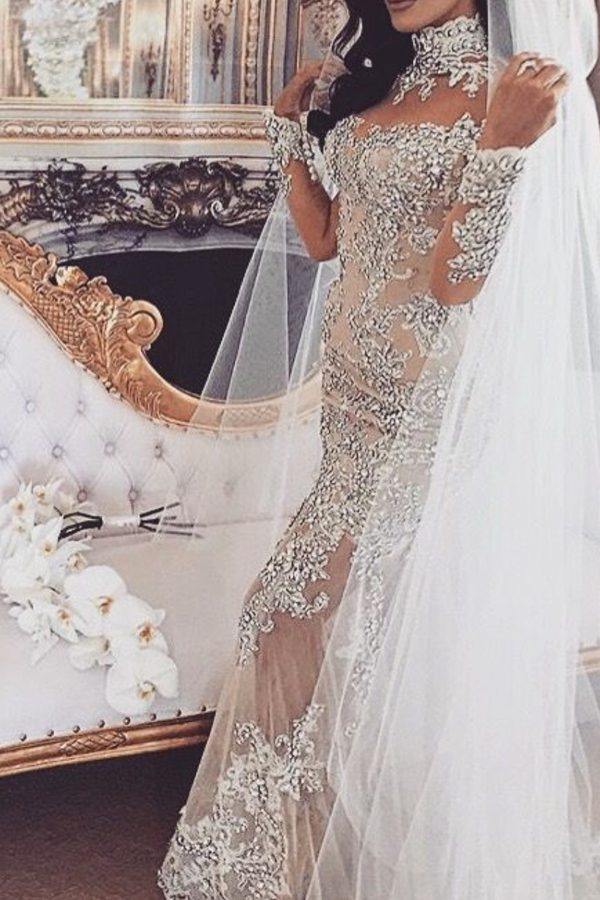 Long Sleeve Silver High Neck Evening Dress with Lace Mermaid Design