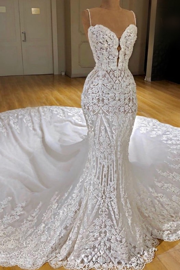 Sexy Lace Mermaid Wedding Dress with Spaghetti Straps and Appliques