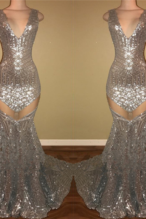Shiny Silver Sequin Sexy Prom Dress | Sleeveless Evening Dress | Cheap