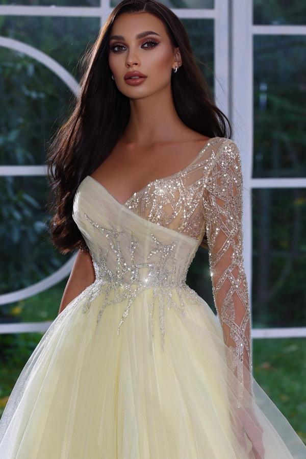Charming One-Shoulder Glitter Beads Tulle Evening Dress | A-Line Long Formal Party Dress