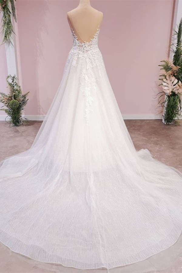 Sleeveless A-Line Wedding Dress with Floral Lace Appliques and V-Neck