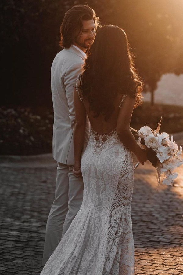 Backless Lace Deep V-Neck Beaded Floor-Length Wedding Dress