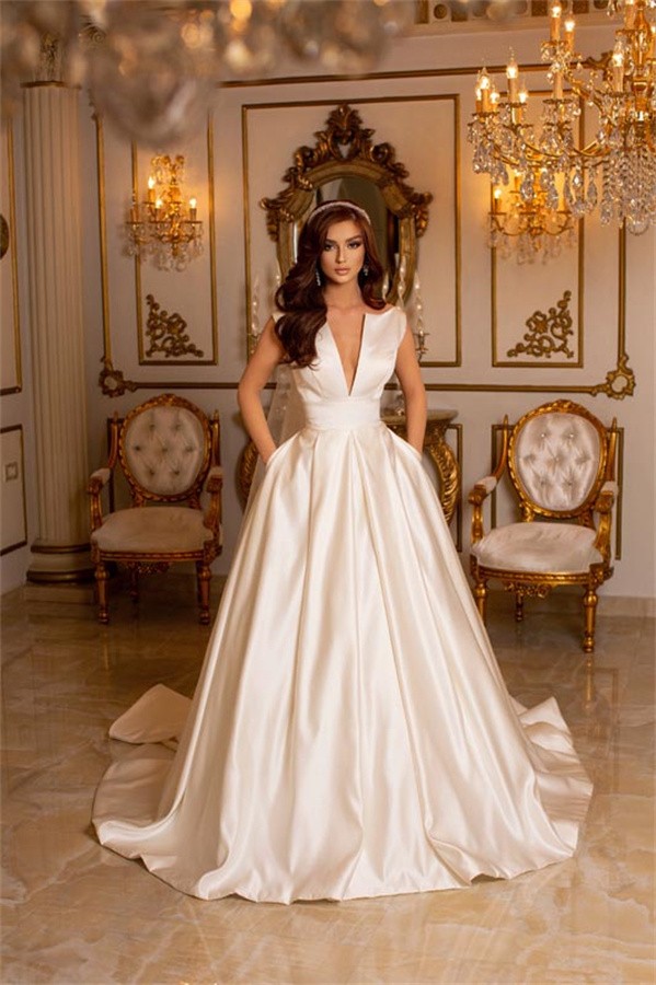 Cream A-Line Sleeveless Minimalist Satin Wedding Dress | Cheap wedding dress