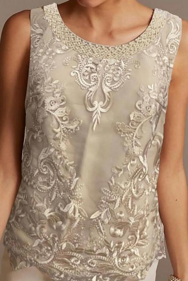 Chiffon Mother of the Bride Dress Scoop Neck Floral Lace Jumpsuit Wedding Guest Dress
