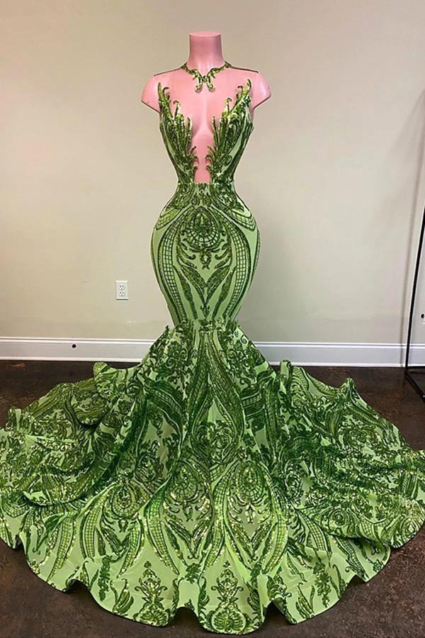 Green V-Neck Mermaid Sequin Prom Dress with Court Train