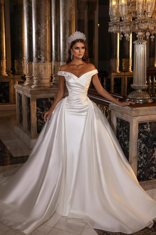 Modest Off-Shoulder Satin Wedding Dress with Detachable Sweep Train