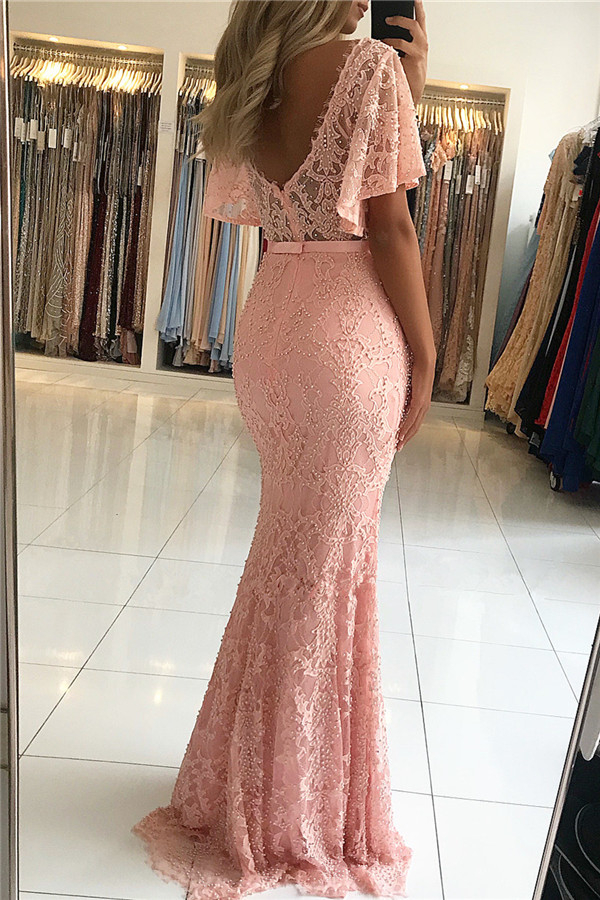 Open Back Pink Lace Evening Dress with Short Sleeves | Full Bead Cheap Prom Dress