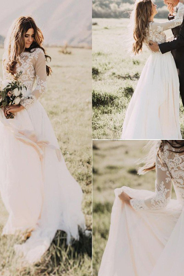 Long Sleeve Floor-Length Applique Tulle A-Line Scoop Wedding Dress