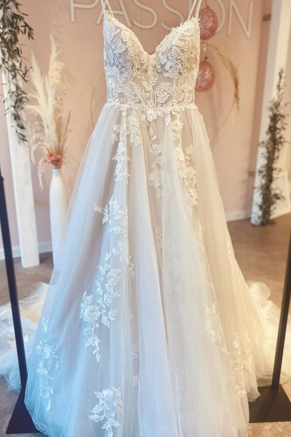 Romantic Spaghetti Strap White Floral Tulle A-Line Wedding Dress